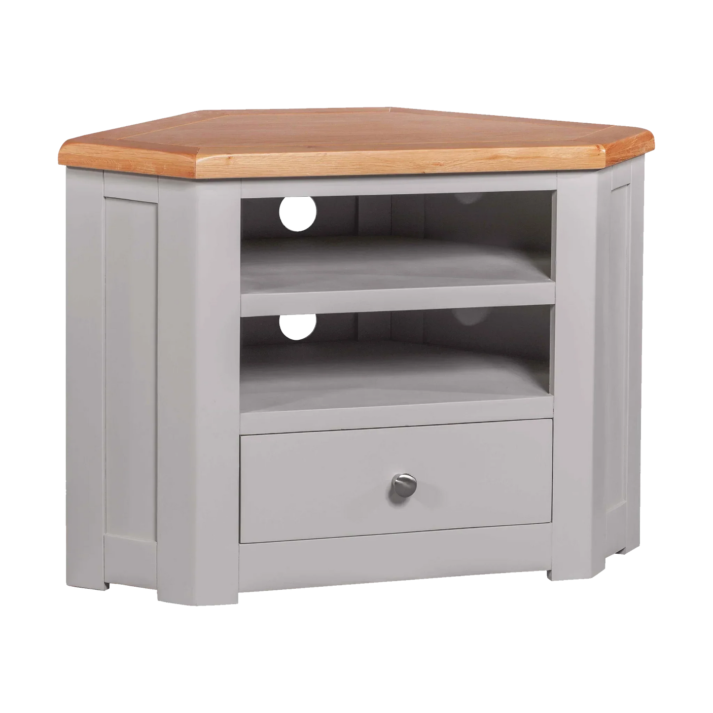 Grey corner TV unit with oak top, open shelves, cable holes and single drawer