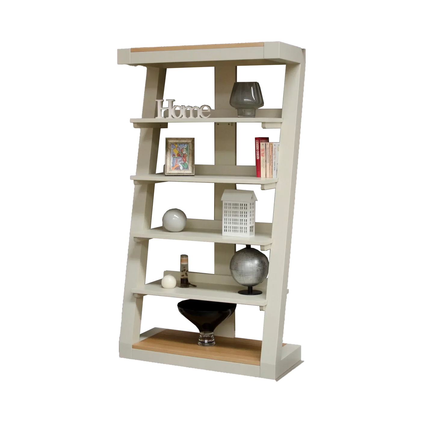 Contemporary wooden bookcase with five shelves, decorative items, and neutral painted finish