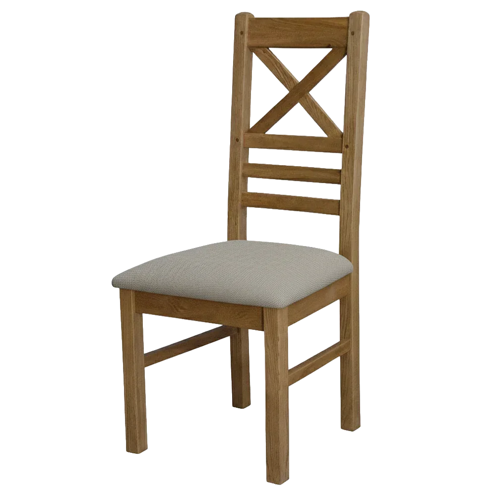 Wooden dining chair with cross back and beige upholstered seat, angled side view