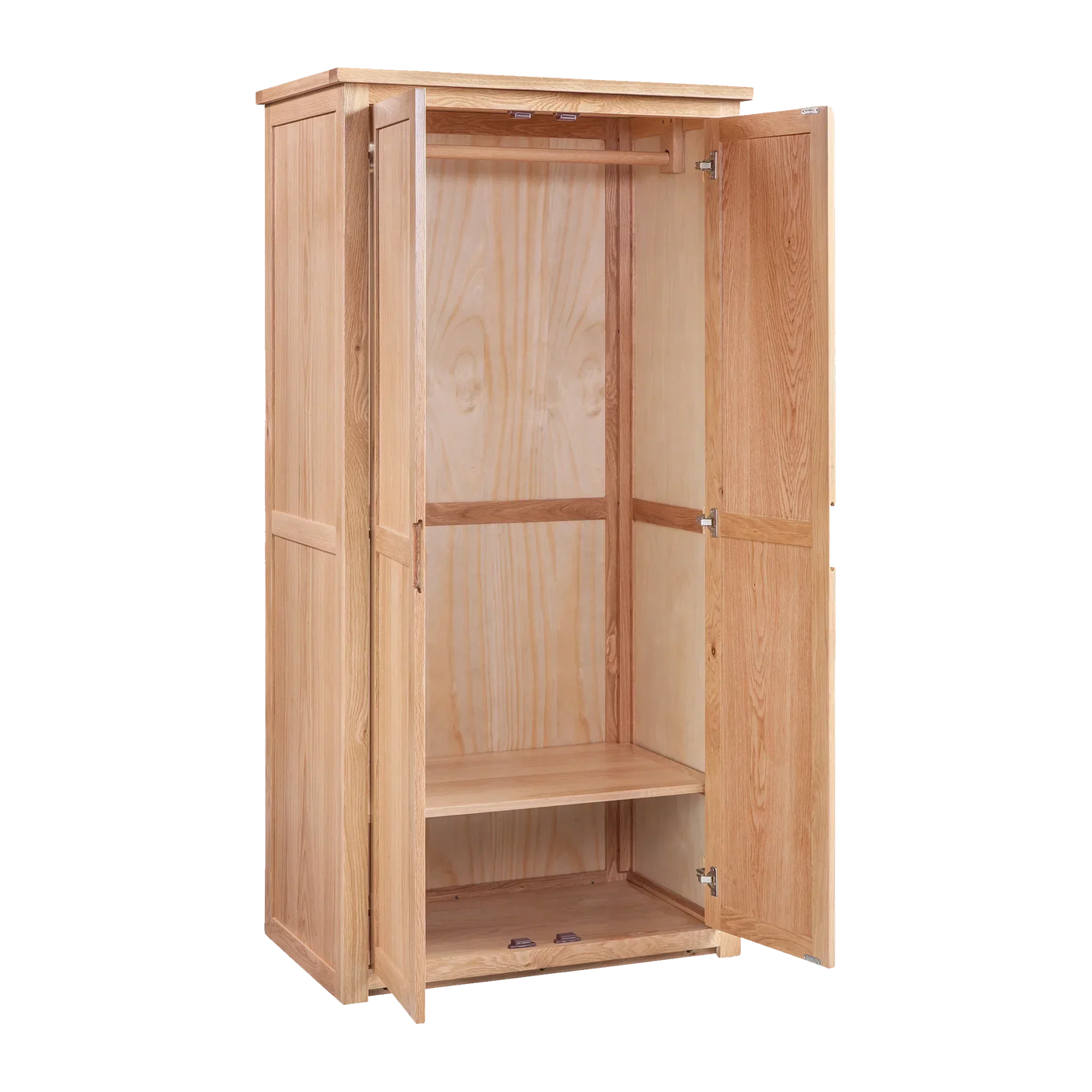 Oak wardrobe with open double doors, hanging rail and interior shelf