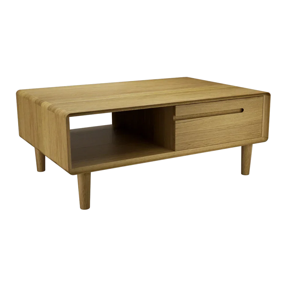 Oak coffee table with storage shelf and drawer, angled front view