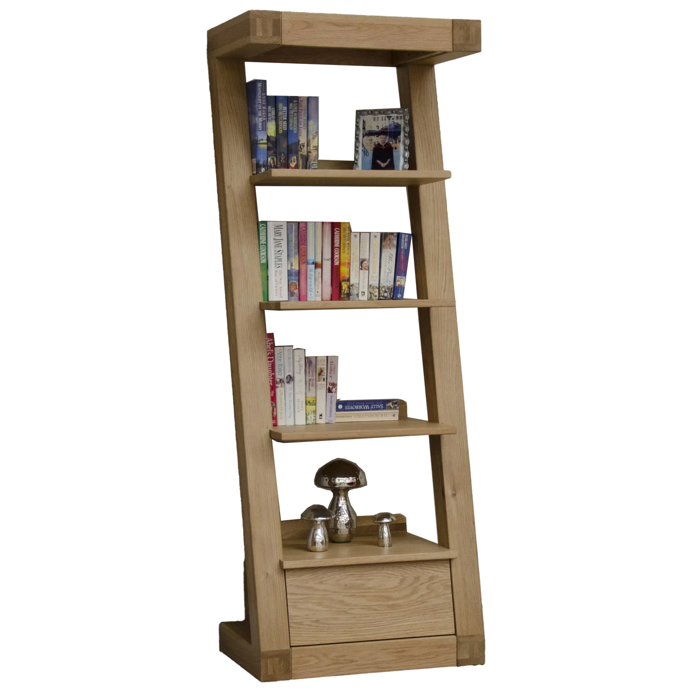 Oak wooden bookshelf with angled frame, four shelves and drawer, books and decor displayed