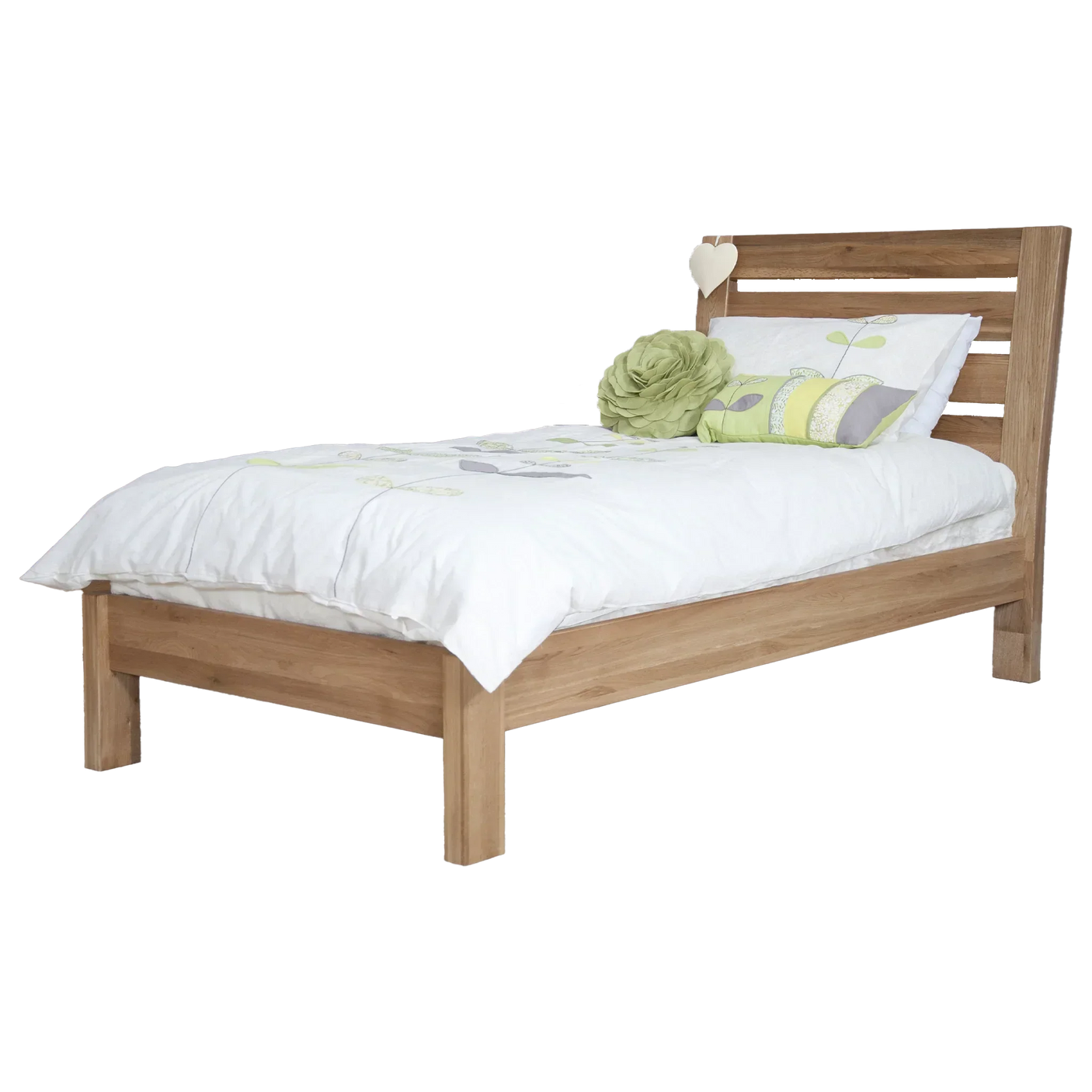 Wooden bed frame with headboard, white bedding, and green decorative cushions