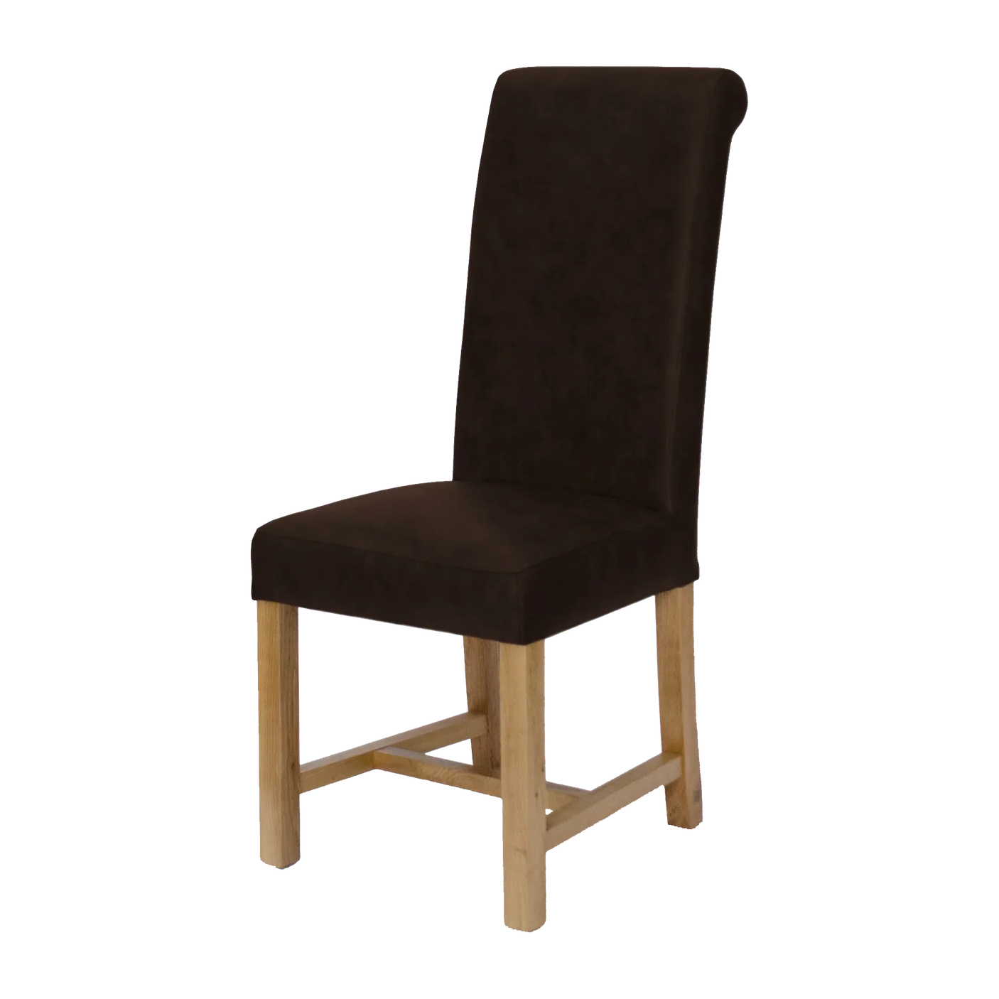 Brown fabric dining chair with high back and oak wooden legs, angled side view