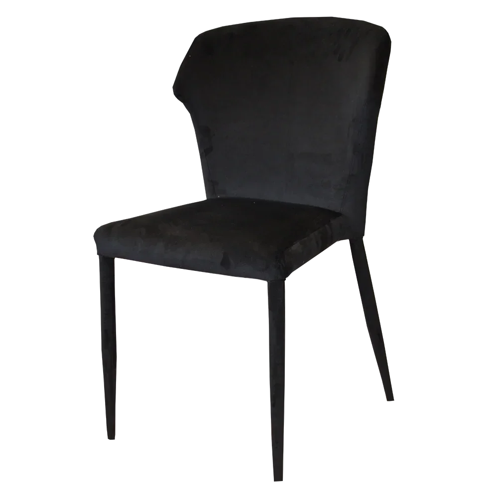 Black velvet dining chair with metal legs and curved backrest, side view