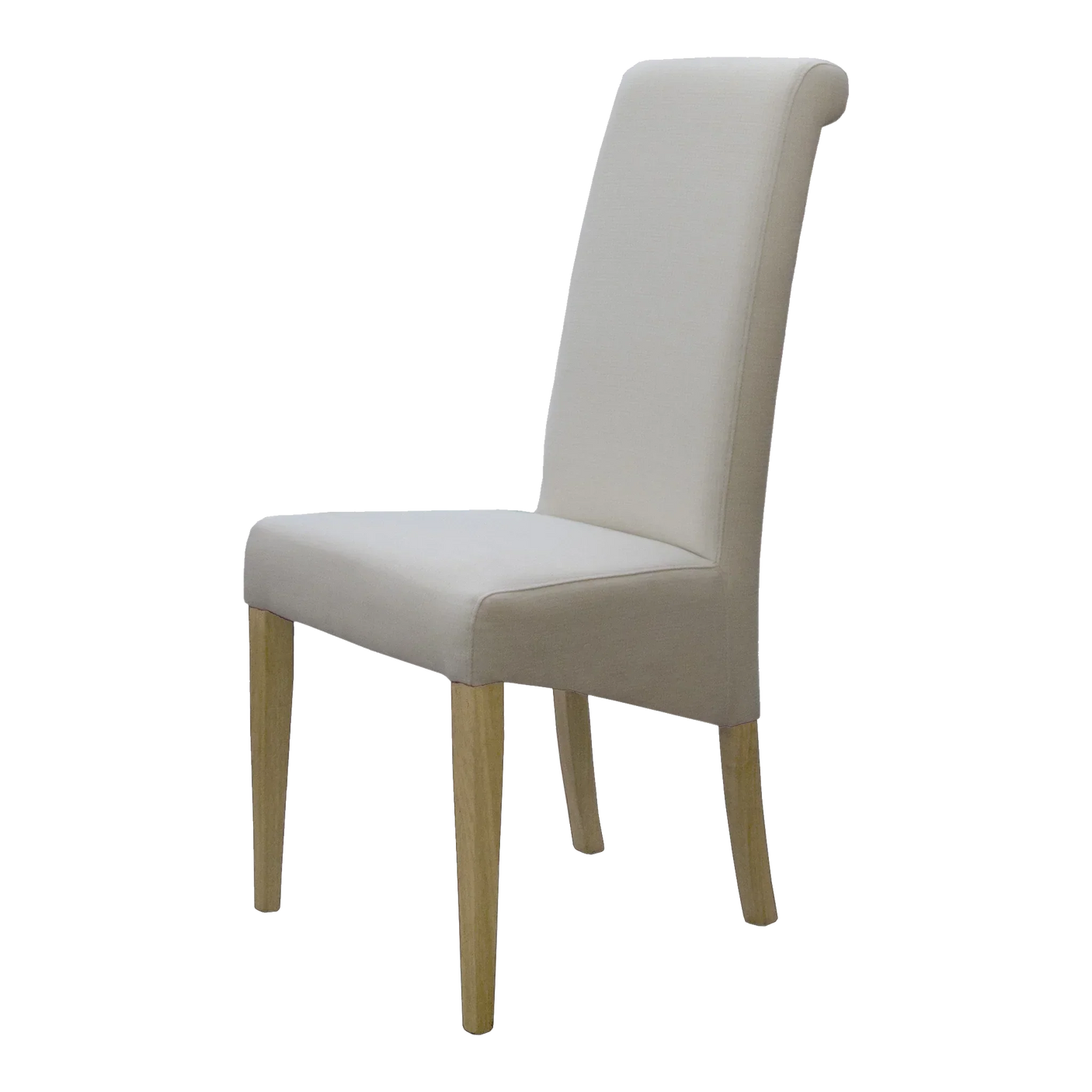 Beige upholstered dining chair with high back and light wood legs side view