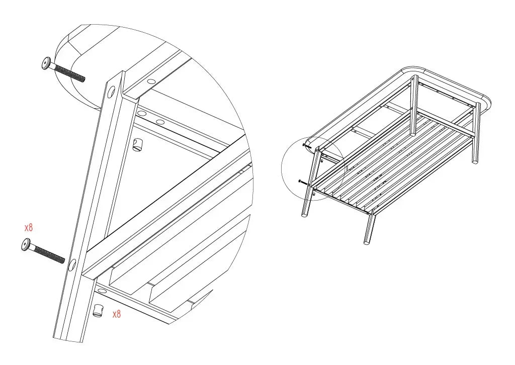 Bed frame assembly illustration showing screw placement and slatted base structure