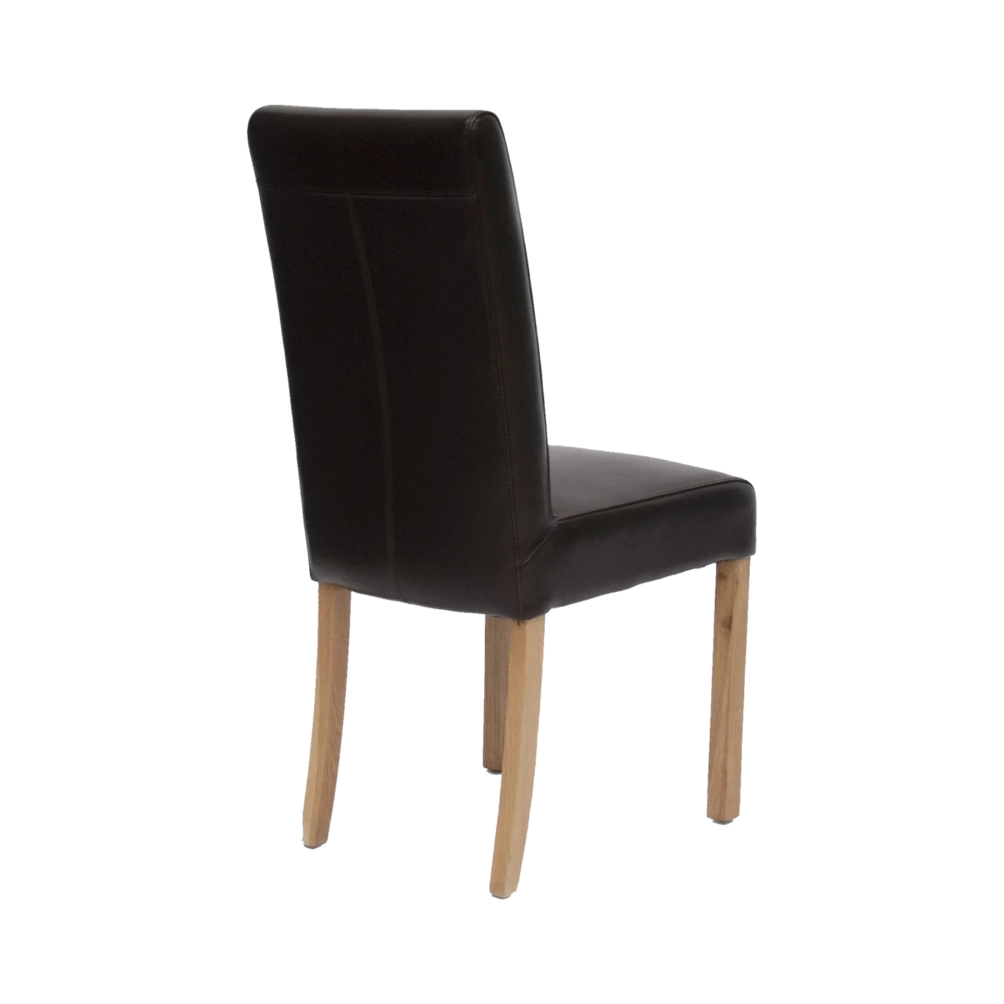 Brown leather dining chair with light wooden legs, angled rear view