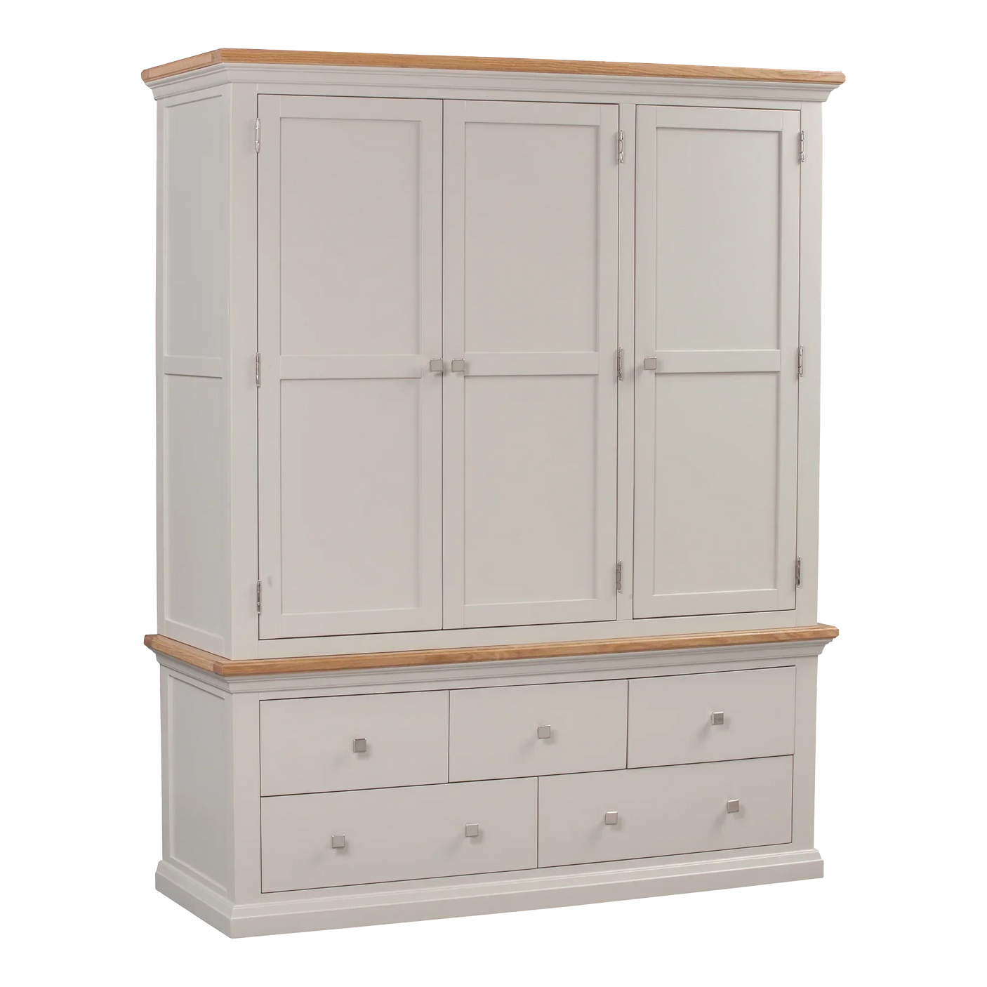 Large cream wooden cabinet with three doors, six drawers, and oak top accents