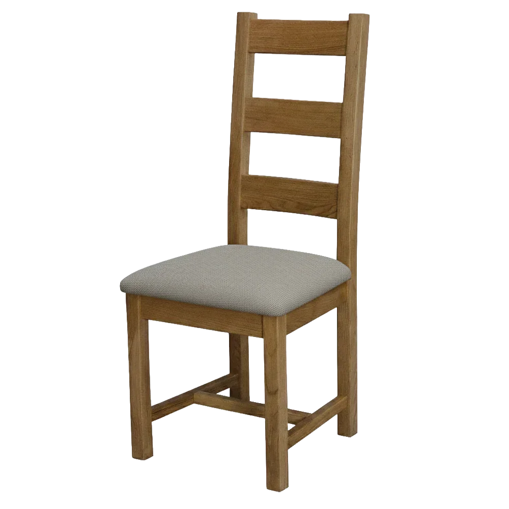 Oak dining chair with ladder back and light grey upholstered seat cushion