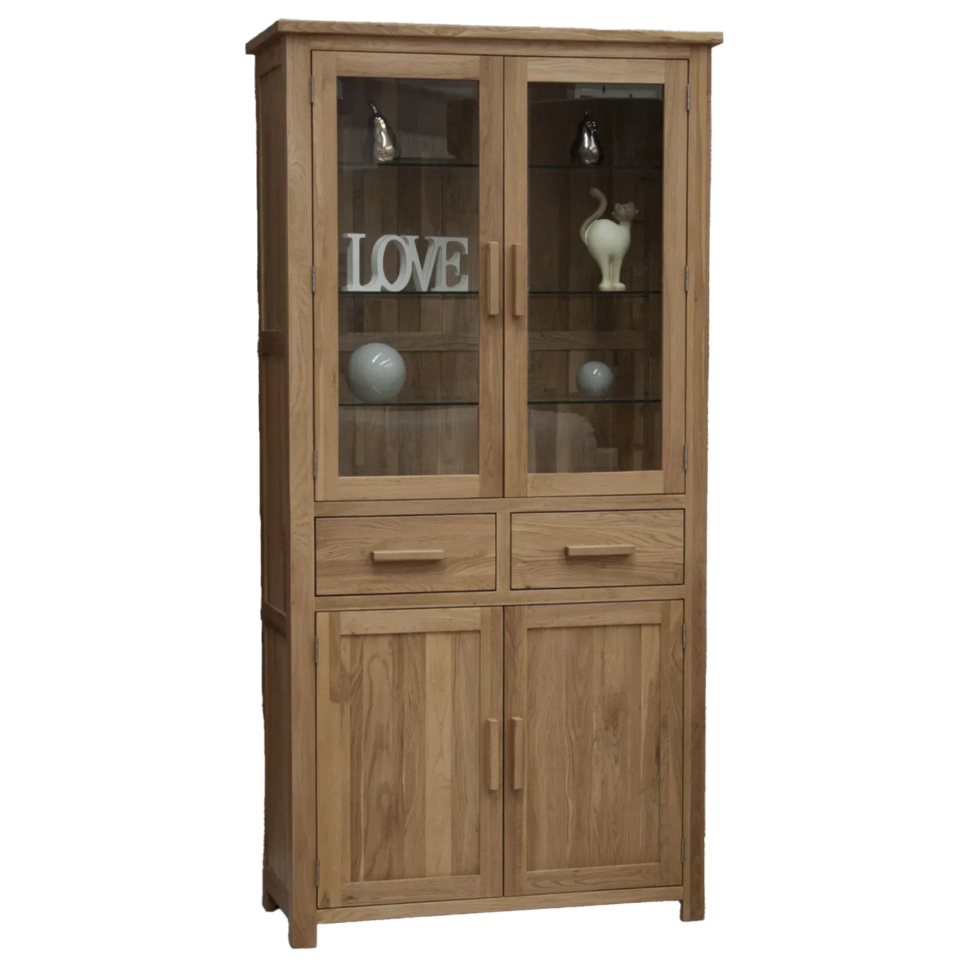 Oak display cabinet with glass doors, two drawers, and lower storage cupboards