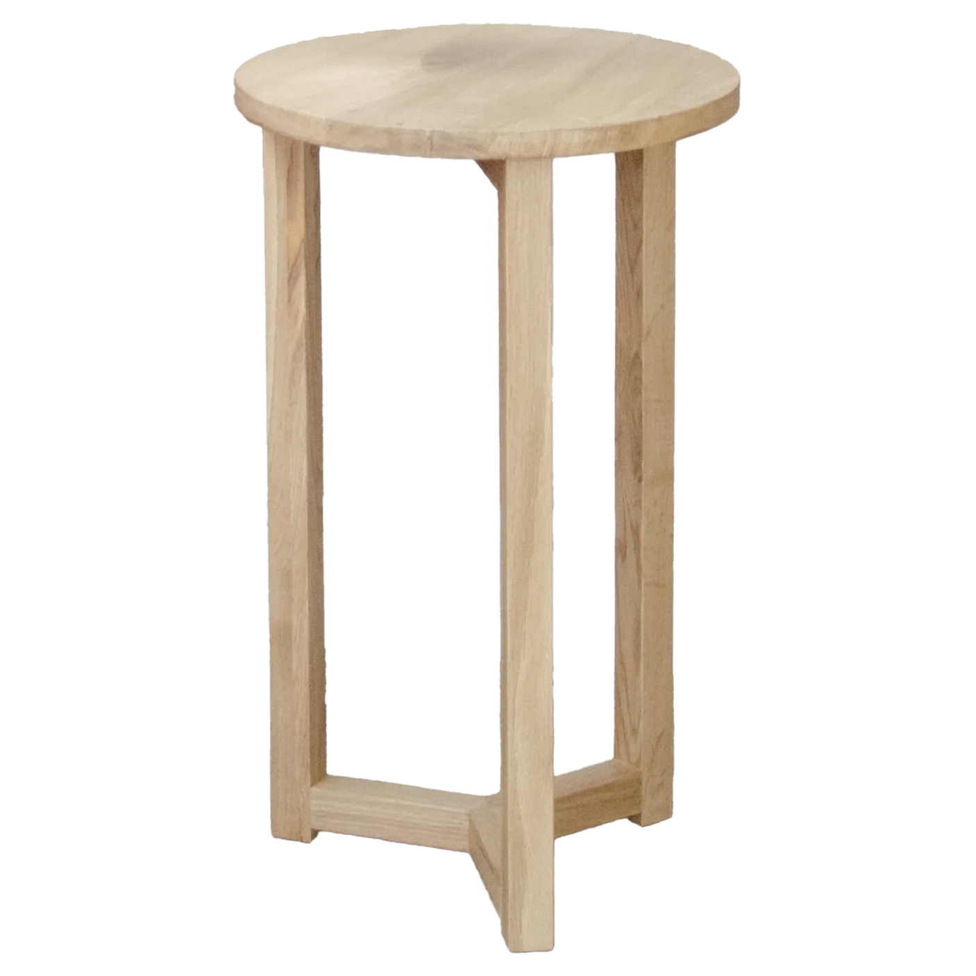 Round oak side table with natural wood finish and three leg base