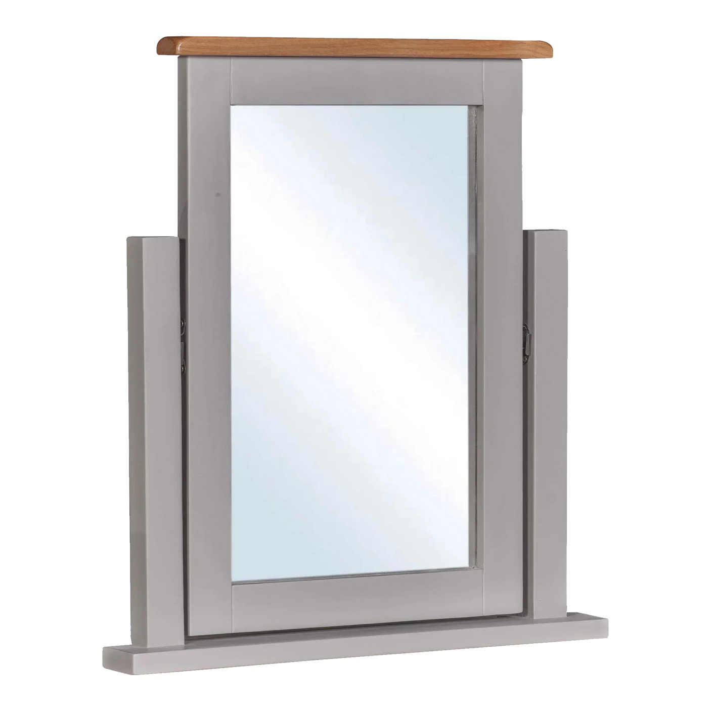 Grey wooden dressing table mirror with oak finish top and rectangular frame