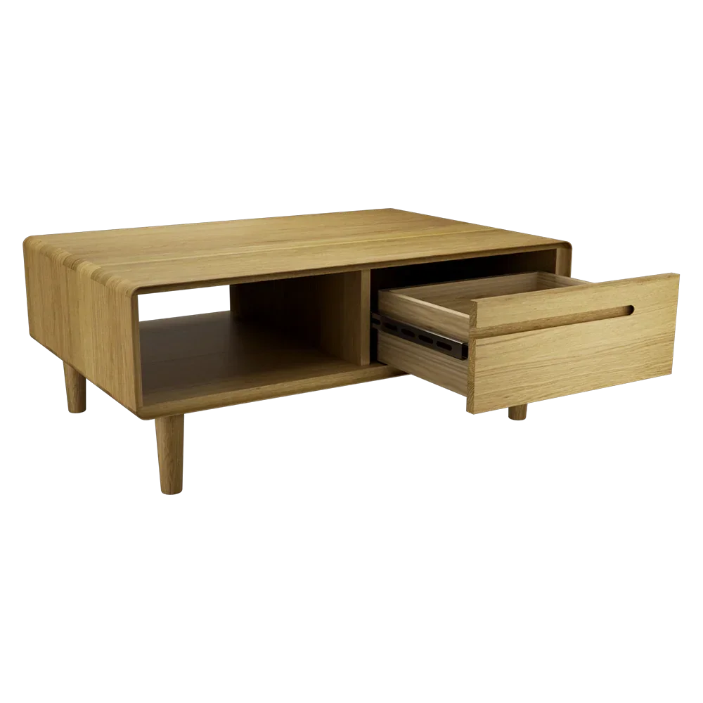 Oak coffee table with open storage shelf and side drawer, modern wooden furniture design