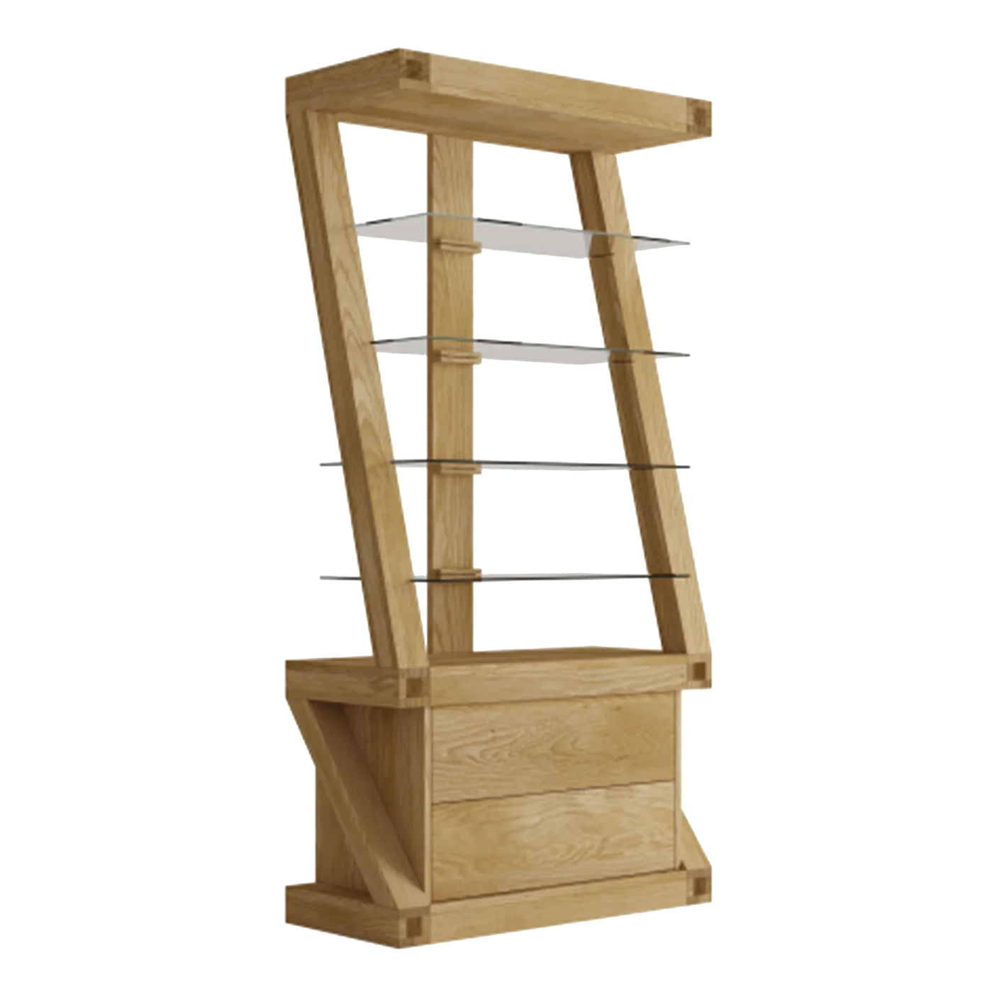 Modern oak display cabinet with glass shelves and angled wood frame