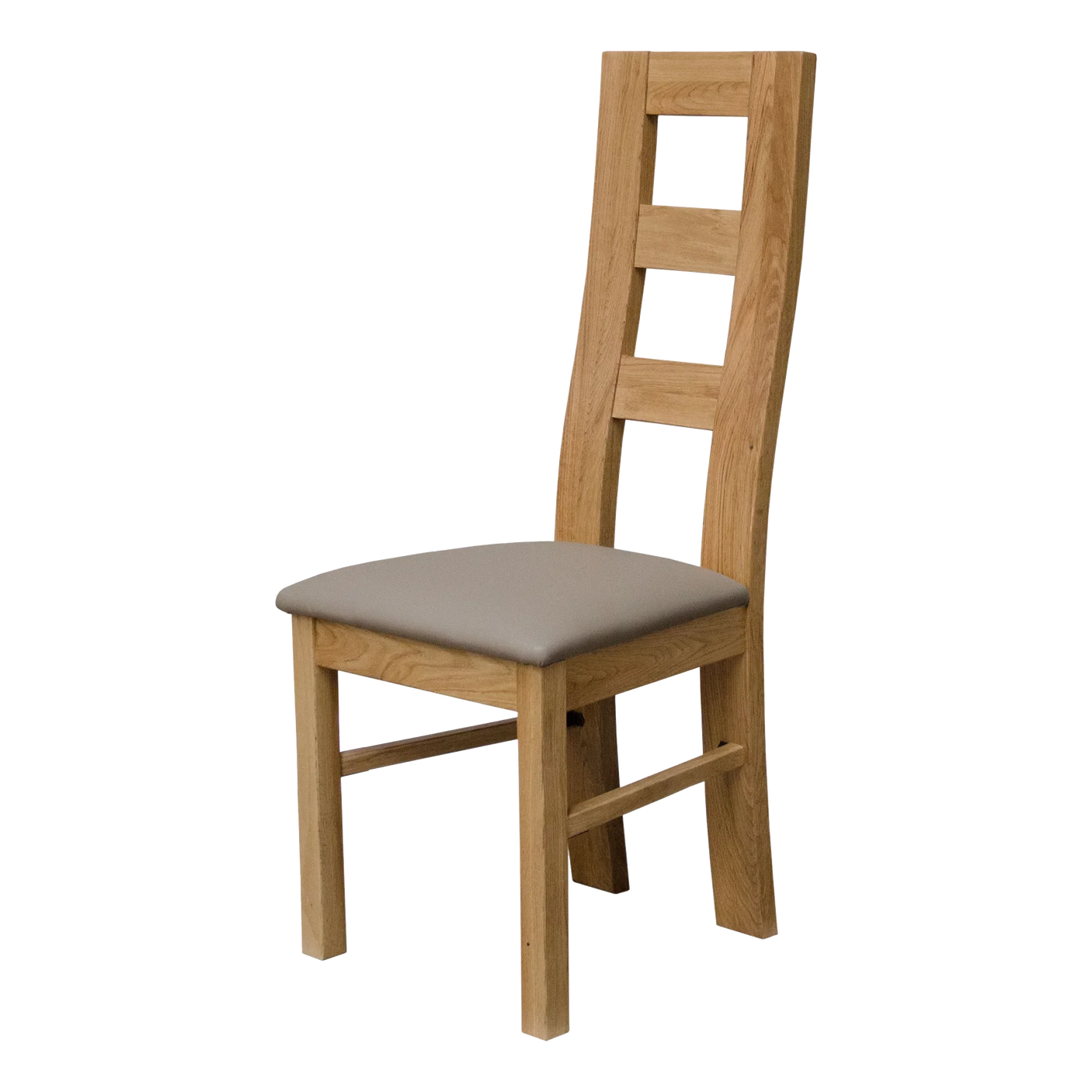 Wooden dining chair with ladder back and beige cushioned seat, angled view