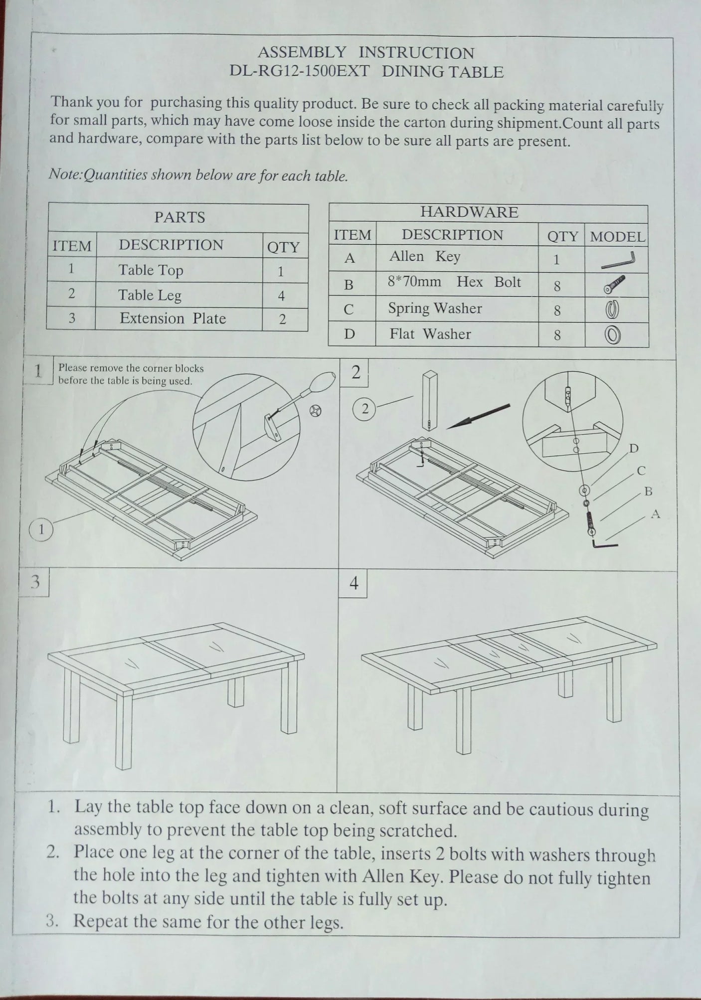 Dining table assembly instructions with parts list, hardware details, and step-by-step diagrams