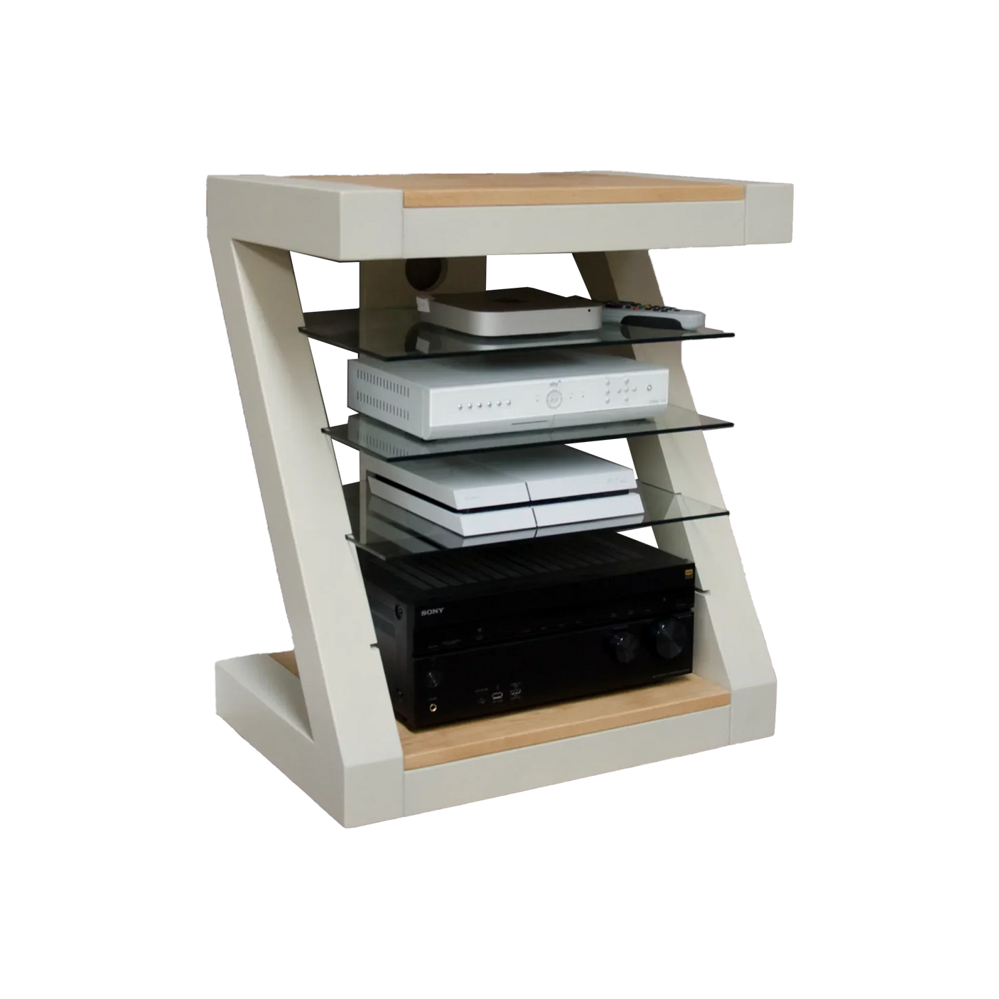 Modern TV stand with open shelves, glass tiers, and light wood and cream finish