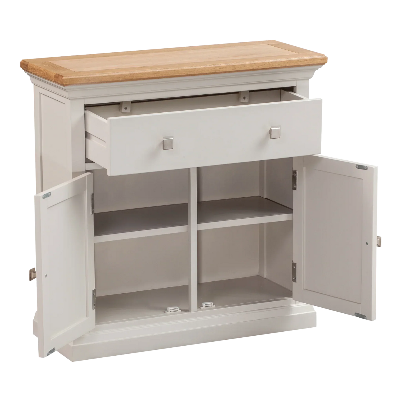 White wooden sideboard with oak top, open drawer and double cupboard with shelves