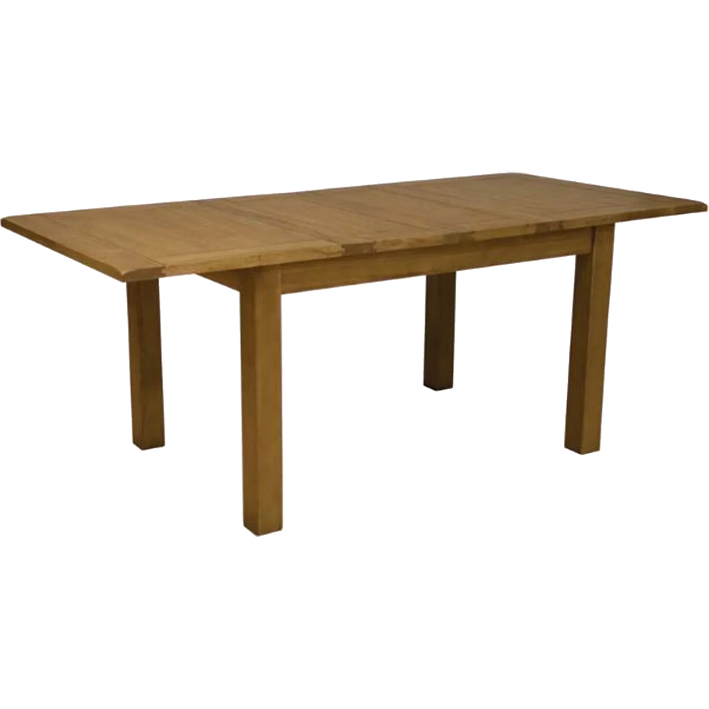 Extending oak dining table with rectangular top and wooden legs