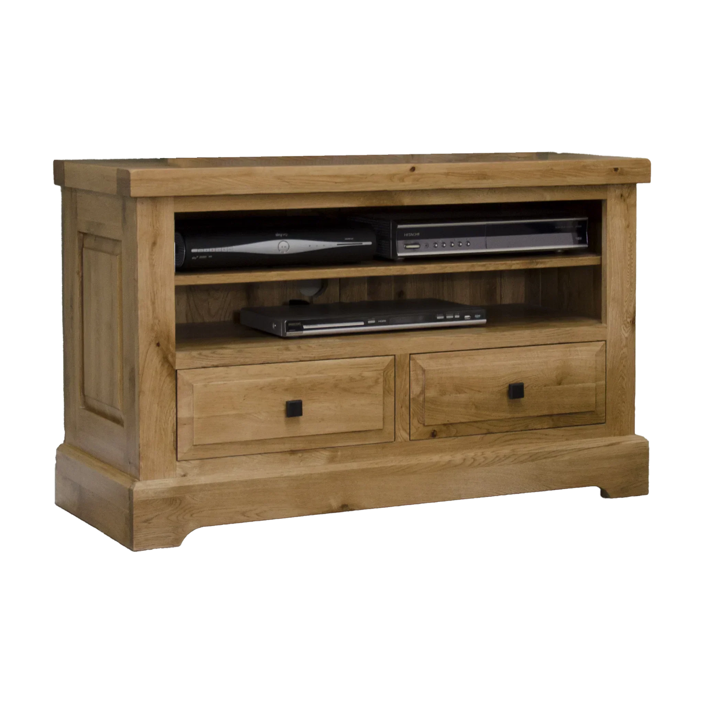 Oak TV unit with open shelves and two drawers, wood finish, front angle view