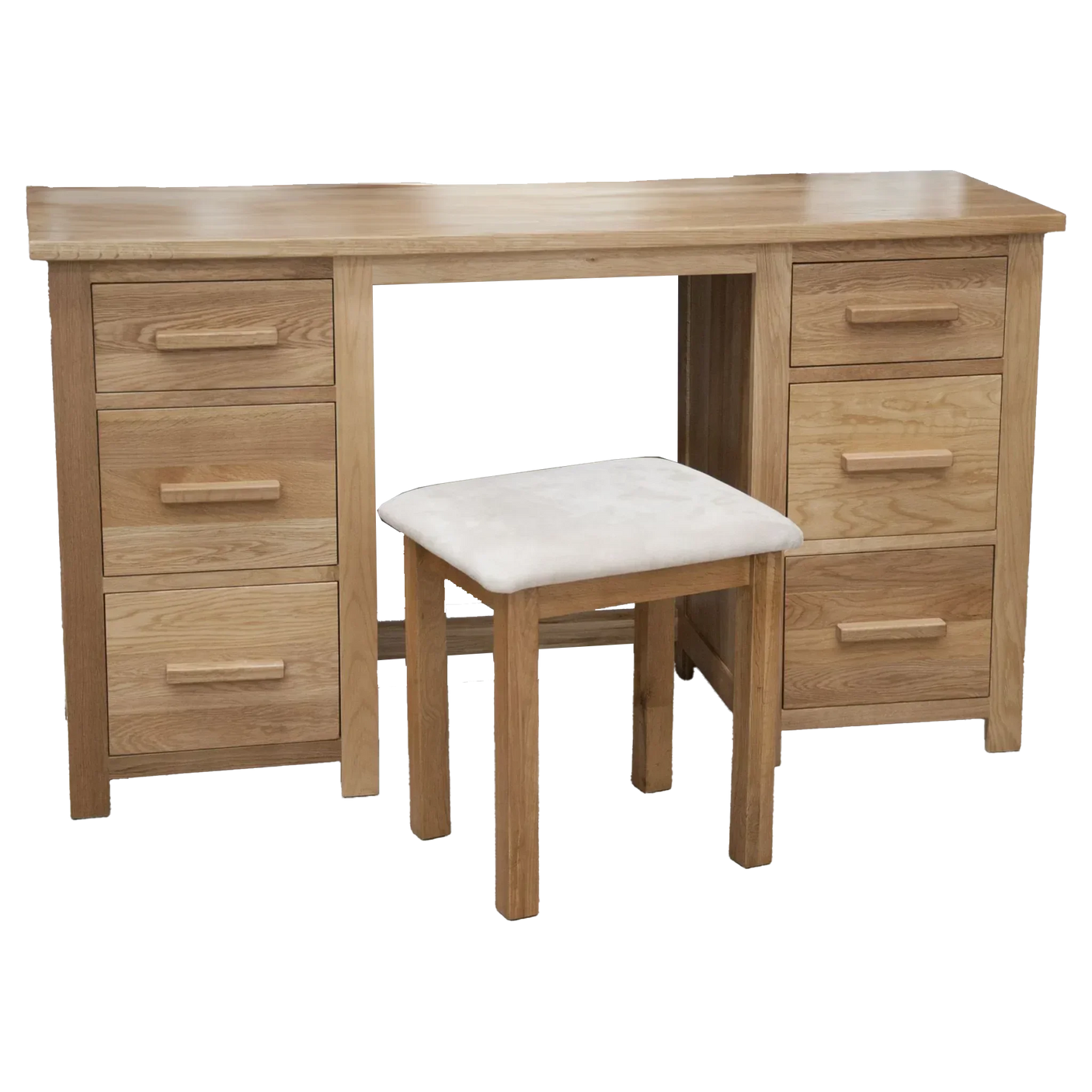 Oak dressing table with six drawers and matching cushioned stool