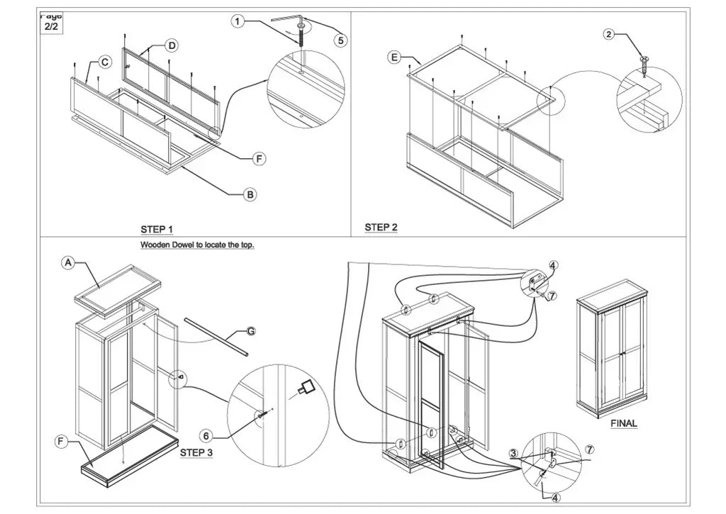 Glass display cabinet assembly instructions with panels, shelves, and fittings illustrated