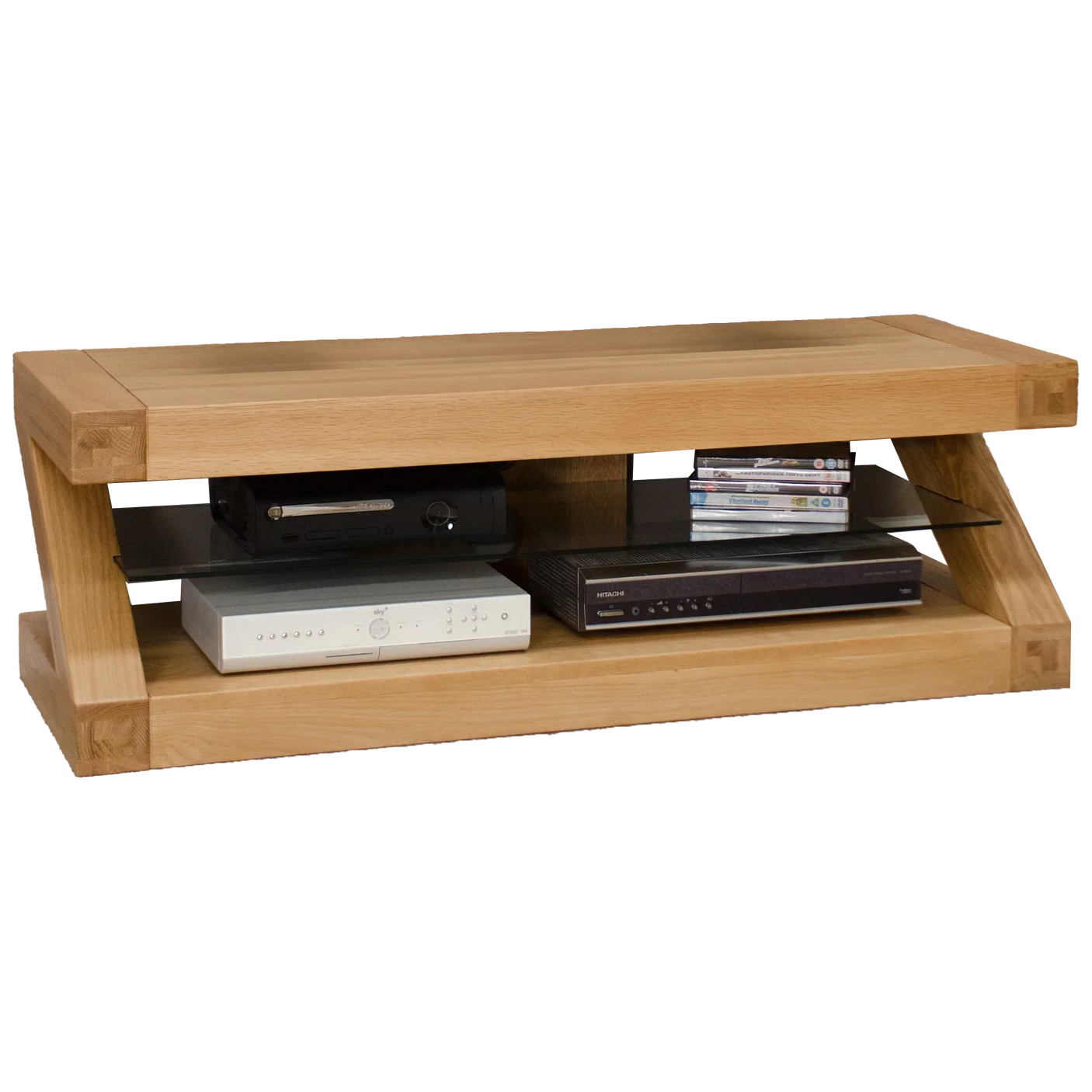 Oak TV stand with glass shelf, media players, and DVDs on lower compartment
