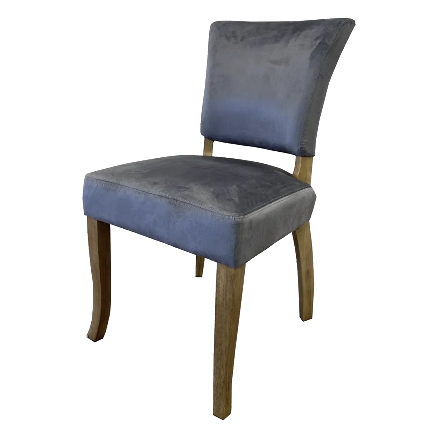 Grey velvet dining chair with cushioned seat and wooden legs, angled front view