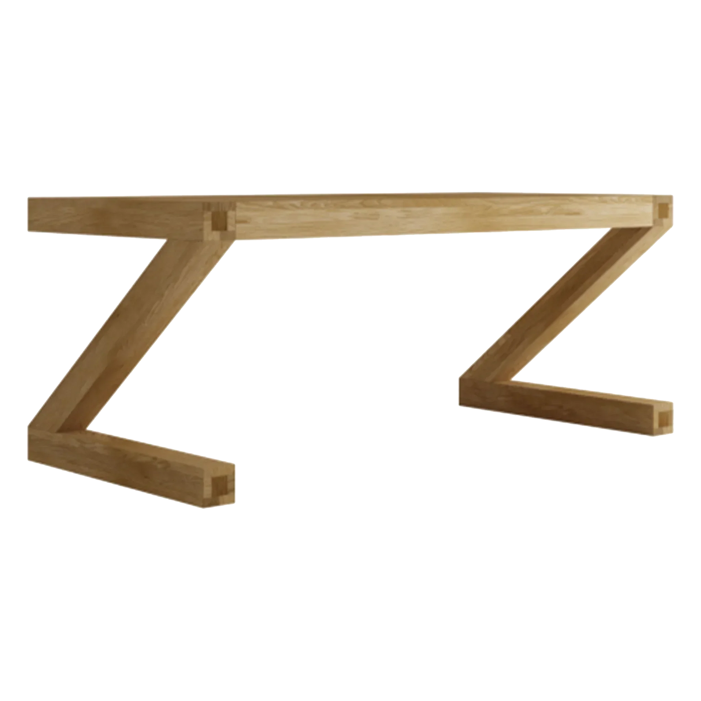 Oak dining table with modern Z-shaped wooden legs, side profile view