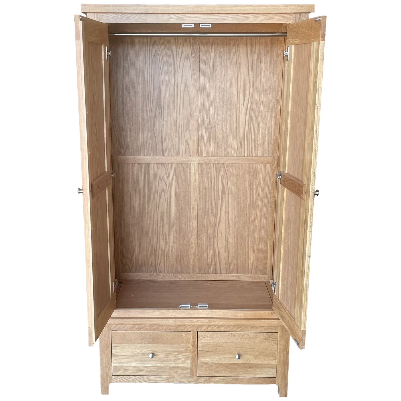 Oak wardrobe with open doors and two lower storage drawers, interior shelving visible
