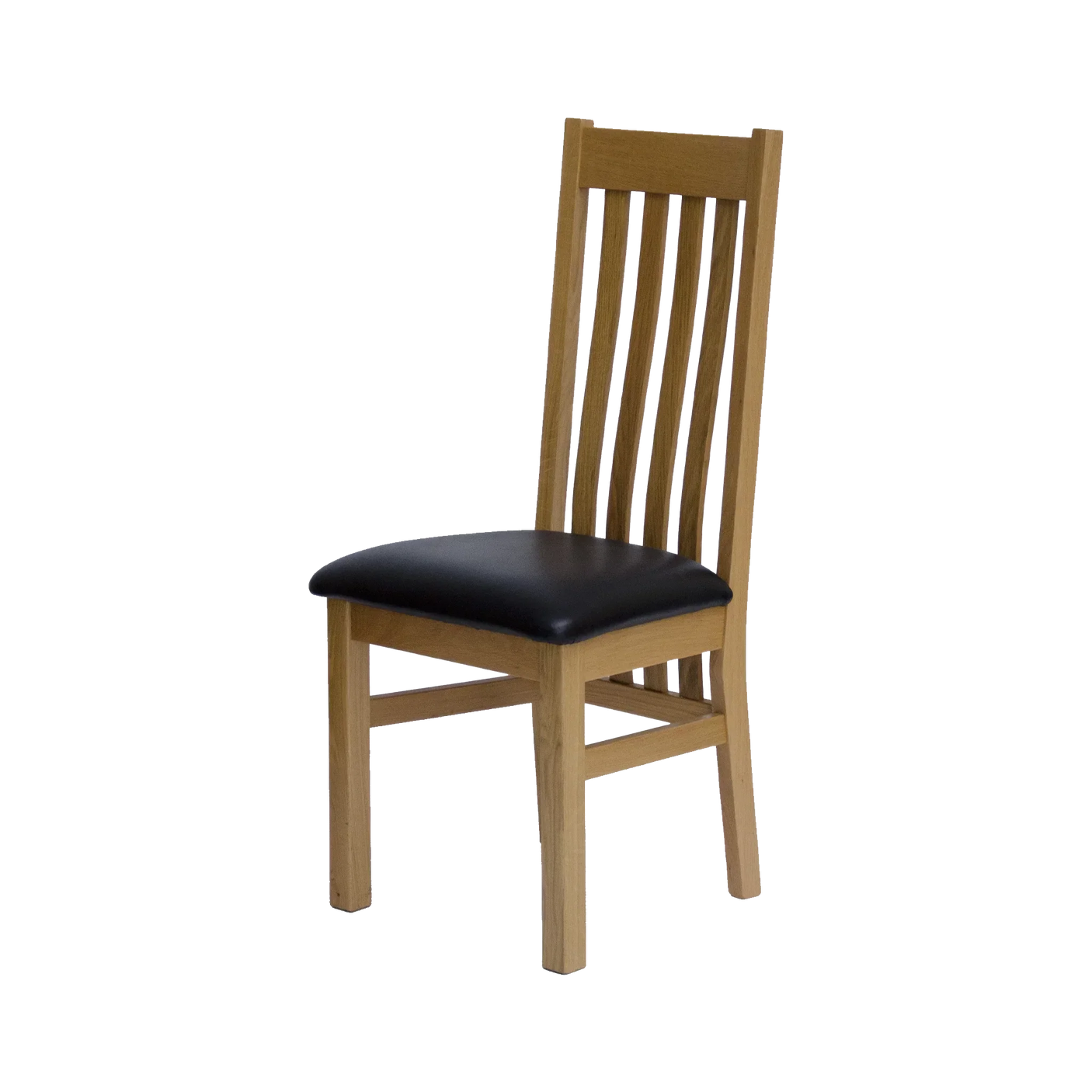Oak dining chair with black faux leather seat and tall slatted back