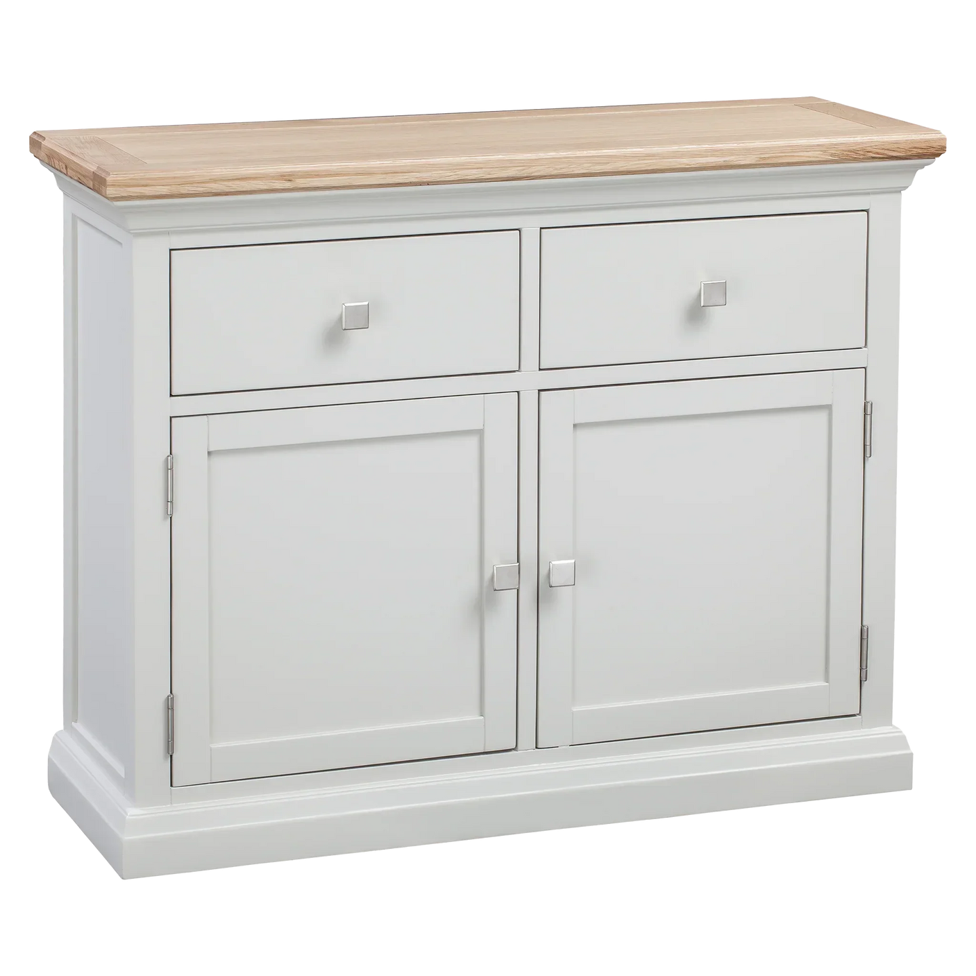 White sideboard cabinet with oak top, two drawers and double door storage