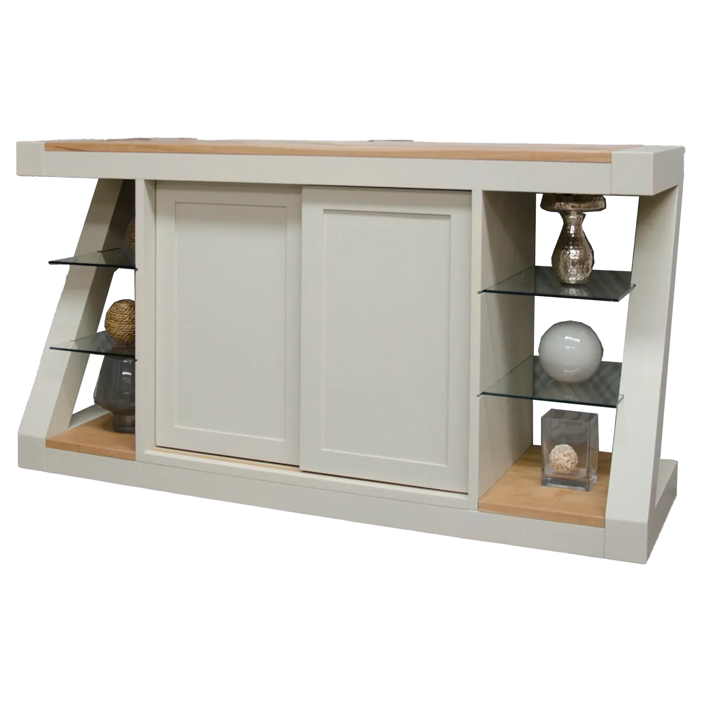 White sideboard with sliding doors, oak top, and glass shelves displaying decorative items