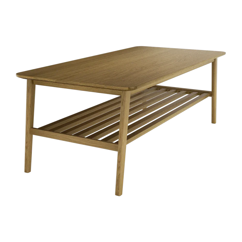 Rectangular oak coffee table with slatted lower shelf, angled side view
