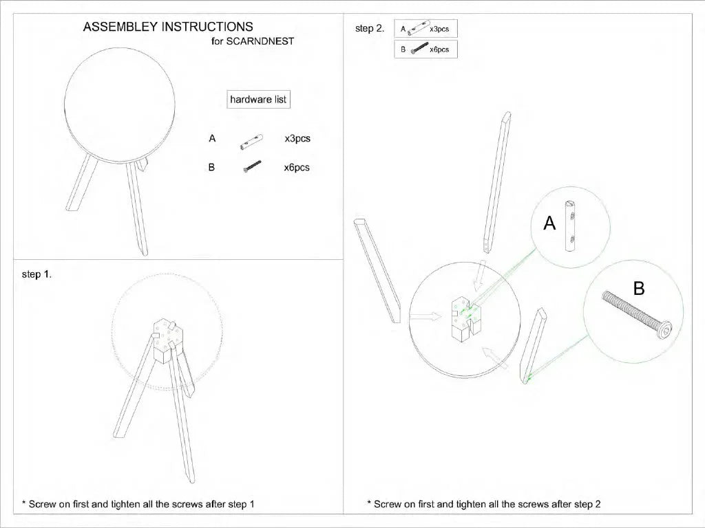 Assembly instructions for tripod furniture legs with hardware list and step-by-step diagrams