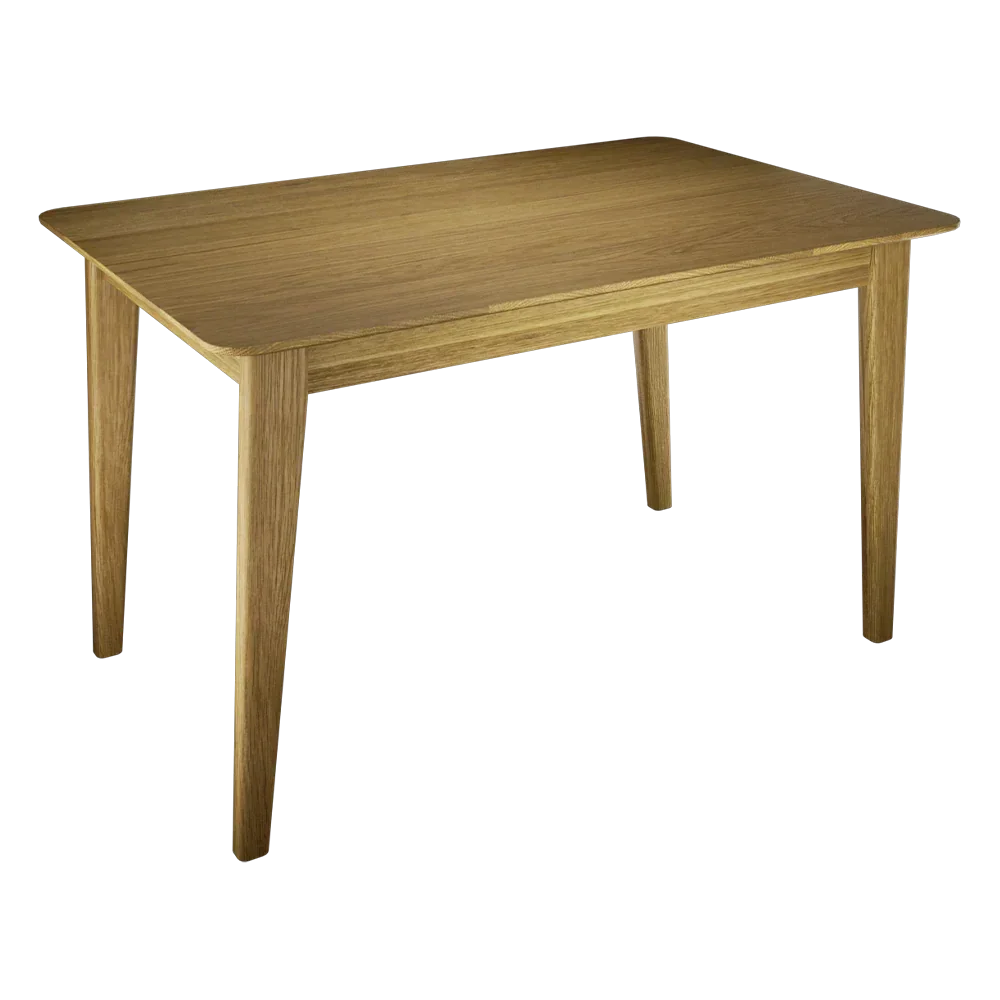 Rectangular wooden dining table with angled legs and natural finish