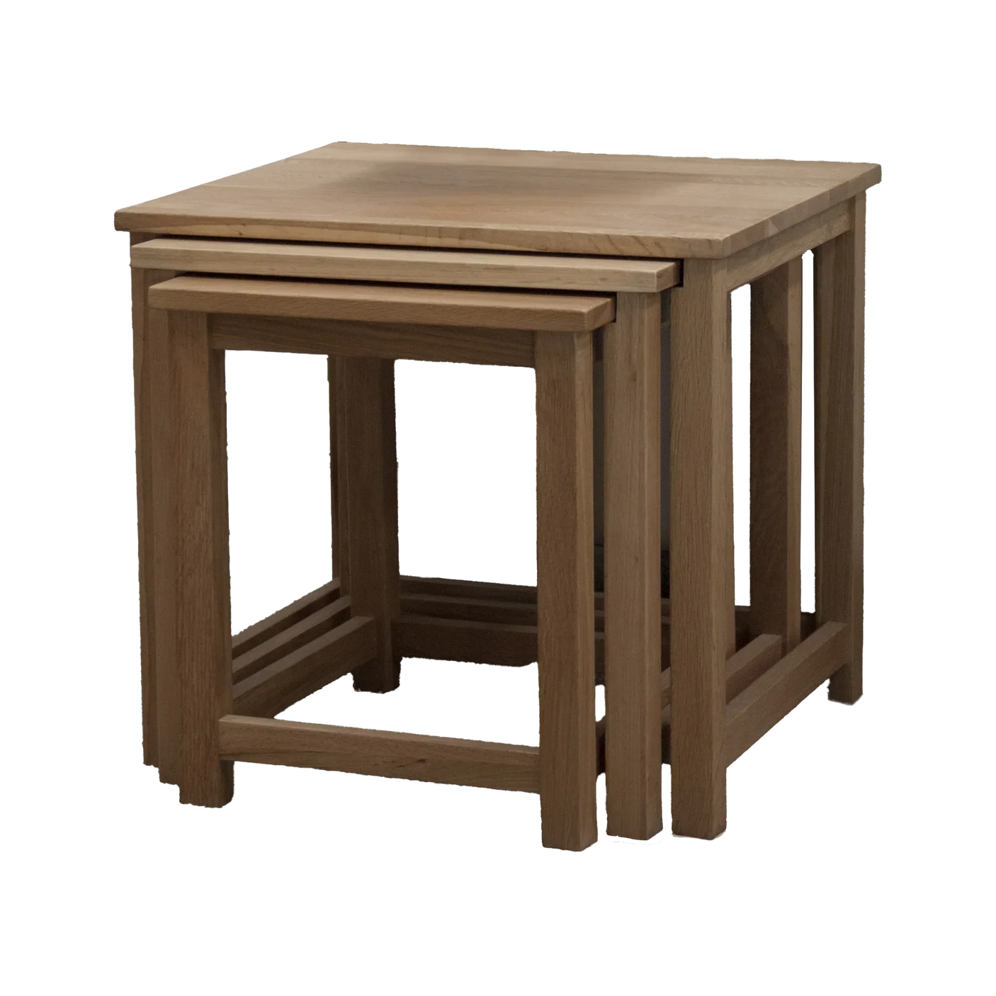Oak nest of tables set with three stacking wooden tables, straight legs, natural finish