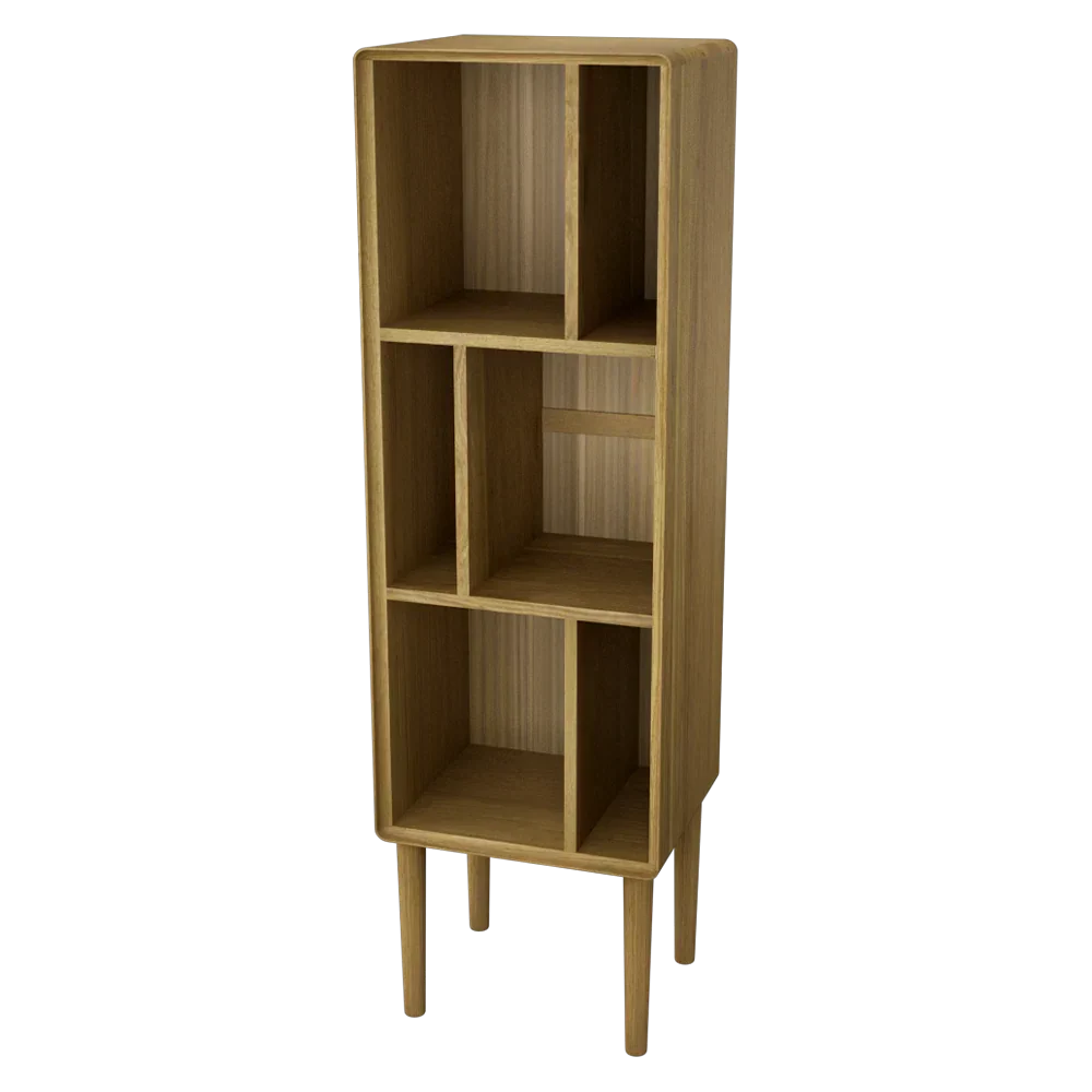 Tall wooden shelving unit with open compartments and natural wood finish