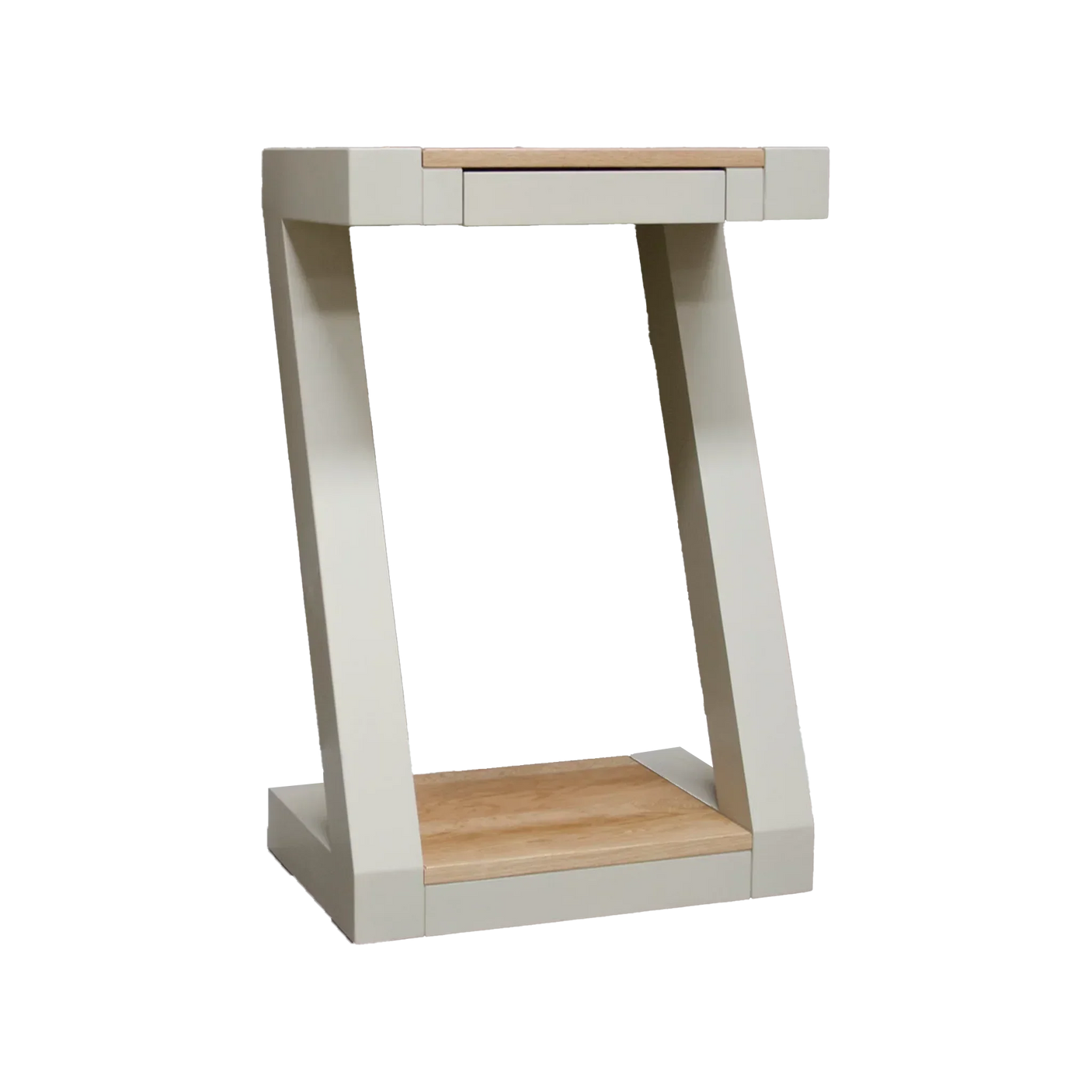 Cream and oak side table with angled legs and integrated drawer