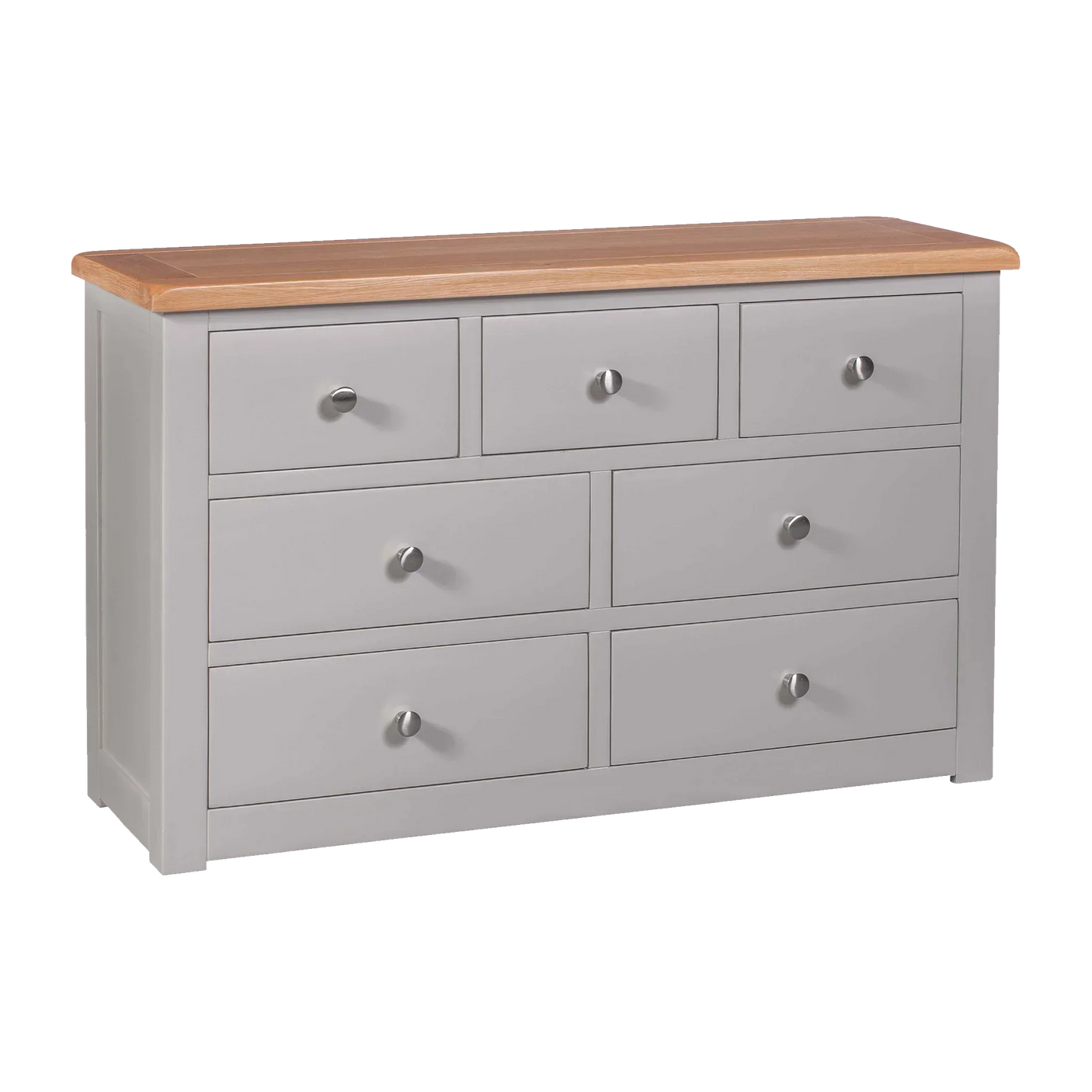 Grey wooden chest of drawers with natural oak top and seven metal handles, angled view