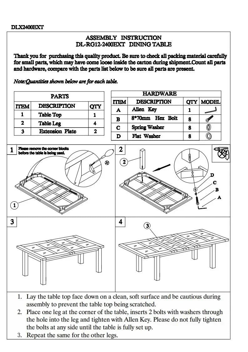 Dining table assembly instructions with parts, hardware list, and step-by-step illustrations