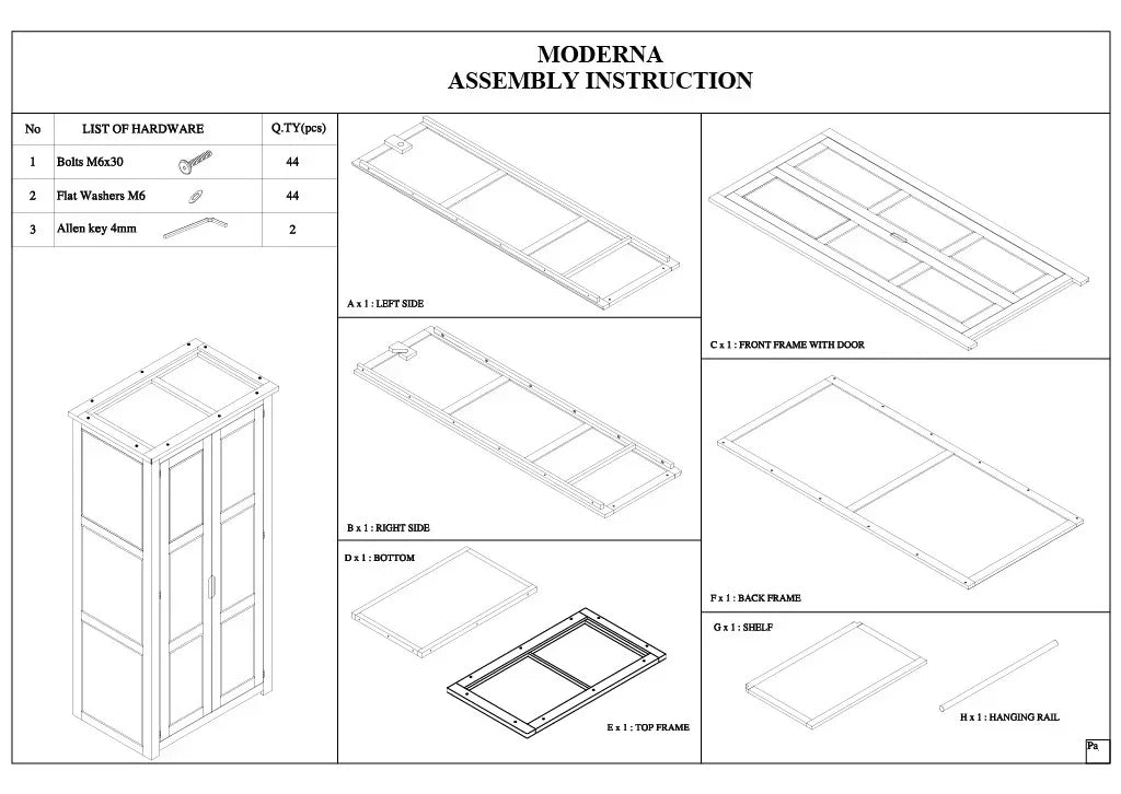 Wardrobe assembly instructions showing frame parts, shelf, hanging rail and hardware list