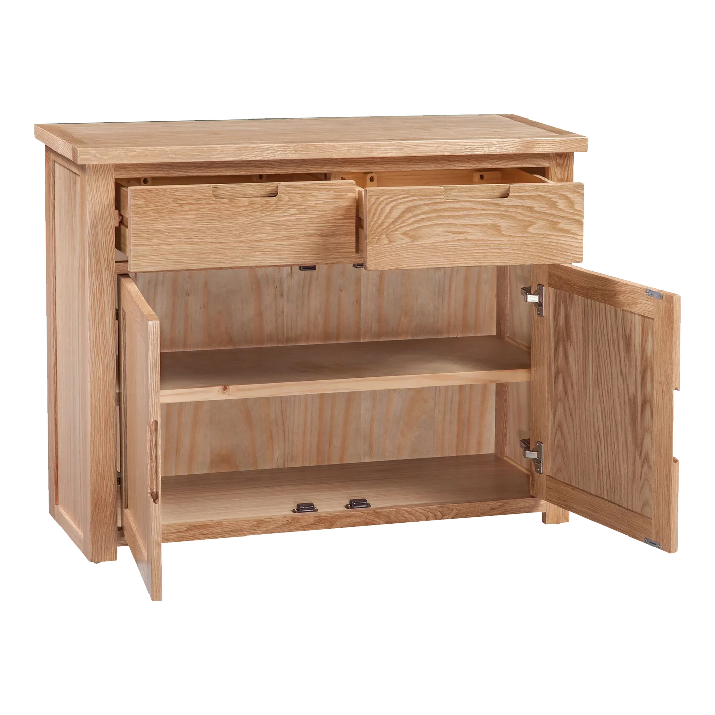 Oak sideboard with open drawers and cabinet doors, showing internal shelf and wood grain