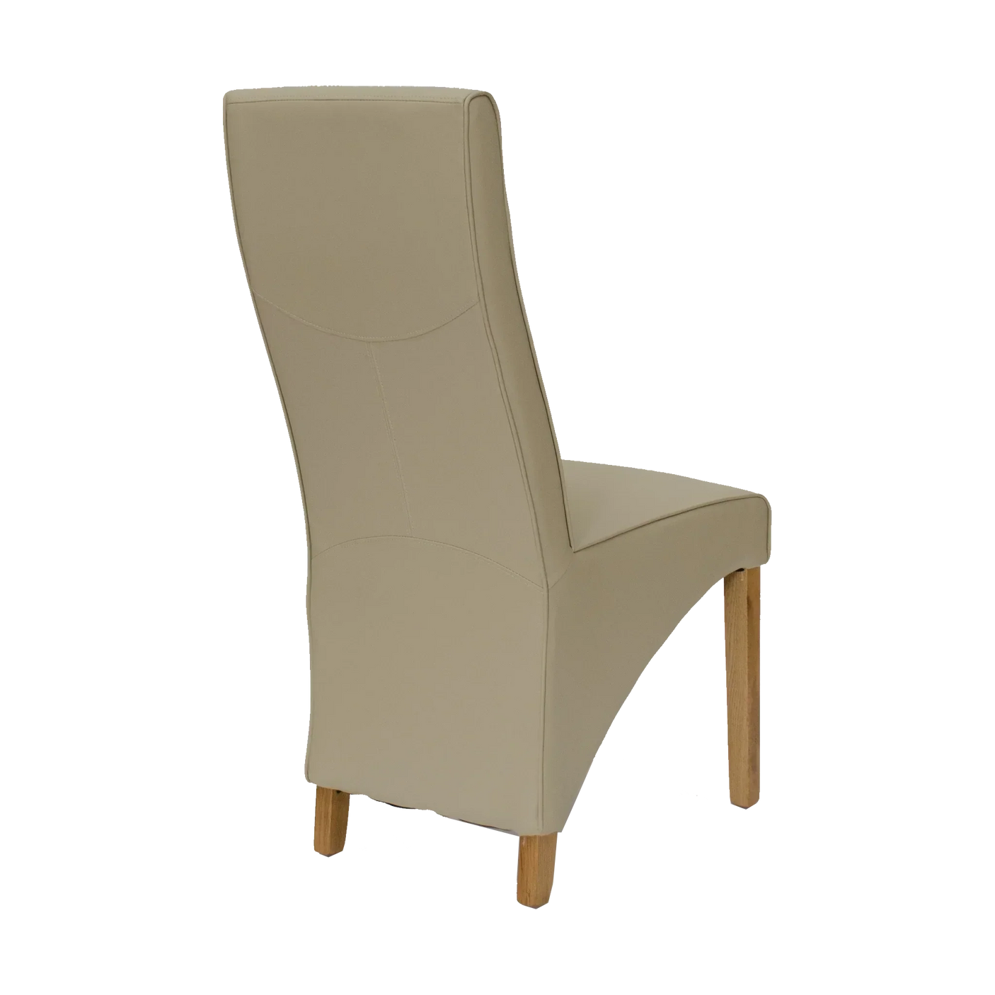 Beige leather dining chair with high back and oak legs, rear angled view