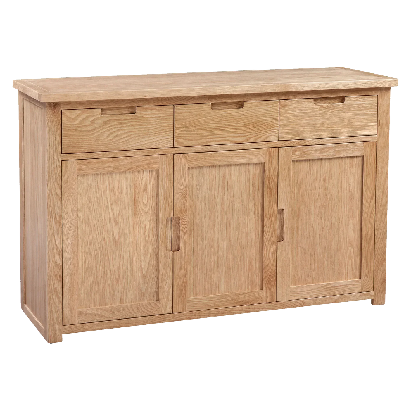 Oak sideboard with three drawers and three cabinet doors in natural wood finish
