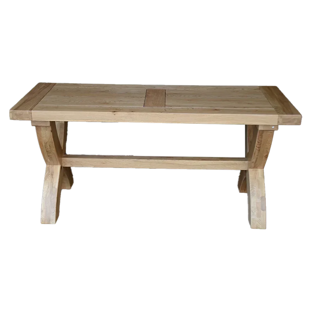 Rectangular oak dining table with sturdy wooden legs and natural finish