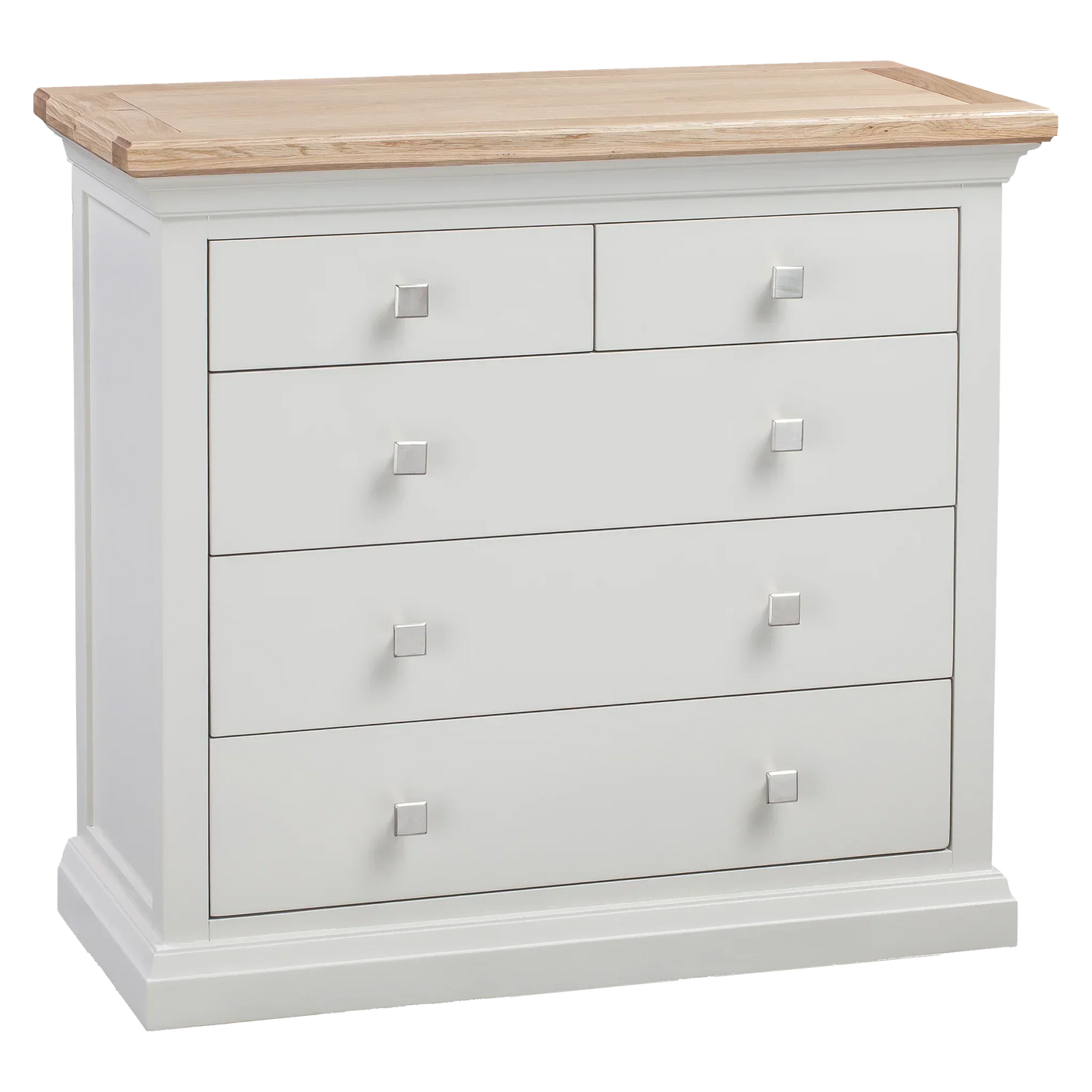 White chest of drawers with light oak top and square silver handles