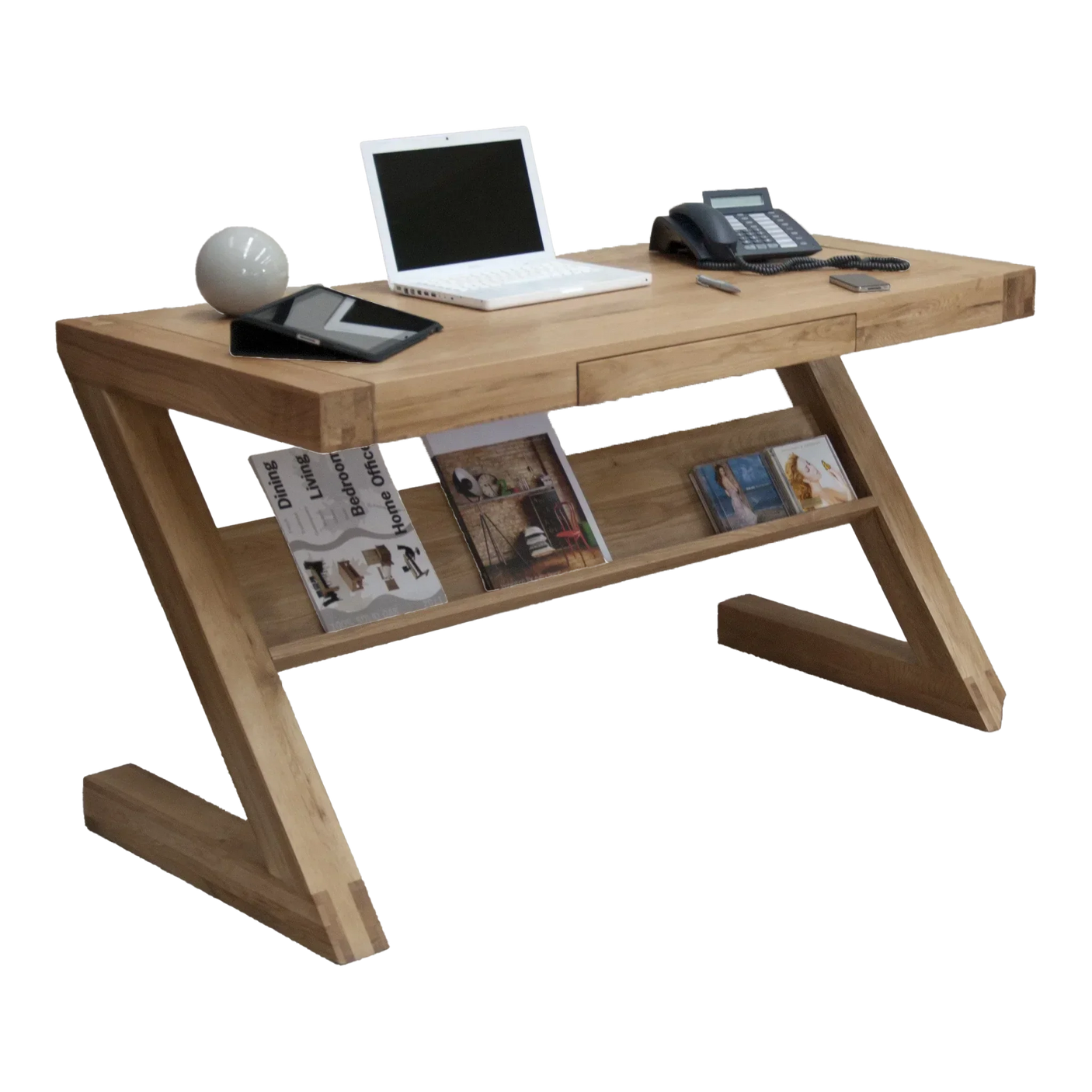 Oak home office desk with shelf, laptop, phone, and magazines on wooden workspace