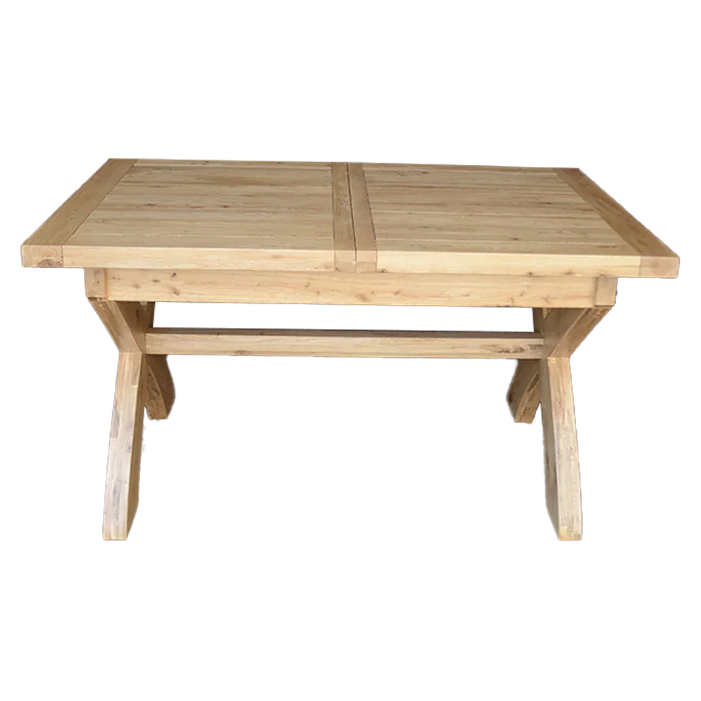 Rectangular wooden dining table with trestle legs and natural finish, front view